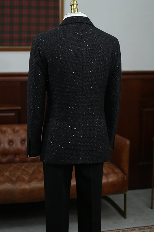 Cool Sparkly Black Sequined Suit with Peaked Lapels