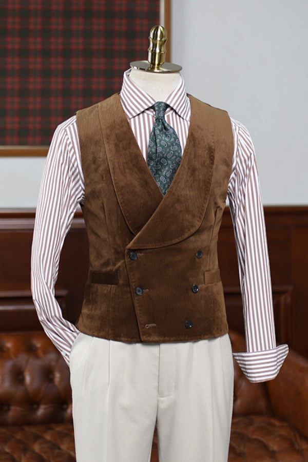Coffee Houndstooth Plaid 3 Pieces Men Suit with Velvet Coat
