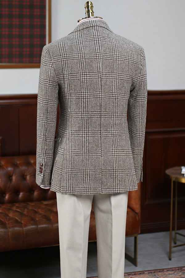 Coffee Houndstooth Plaid 3 Pieces Men Suit with Velvet Coat