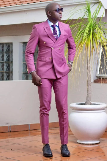 Fuchsia Double Breasted Slim Fit Prom Suits with Gold Buttons