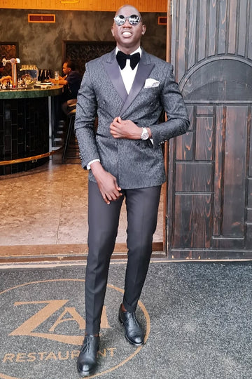 Fashion Black Jacquard Double Breasted Bespoke Men Suits for Prom