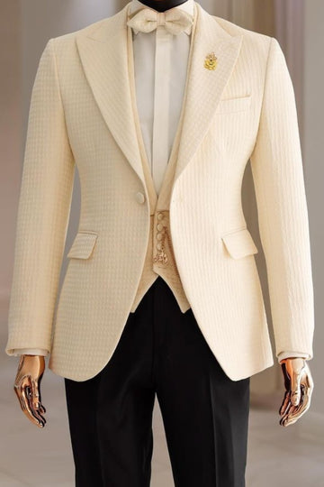 Gorgeous 3 Piece Champagne Waffle Plaid Men's Prom Wedding Suit
