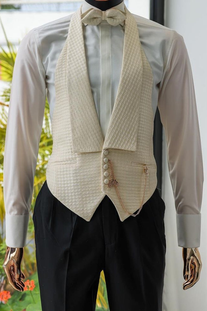 Gorgeous 3 Piece Champagne Waffle Plaid Men's Prom Wedding Suit