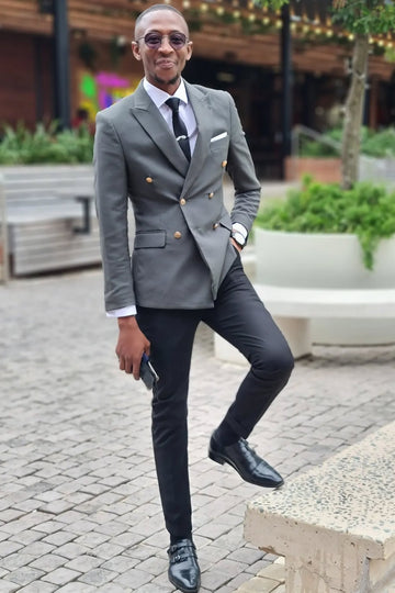 Formal Gray Double Breasted Business Suits with Black Pants