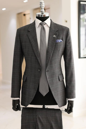 Composed Plaid Notched Lapel Gray Men's Formal Business Suit