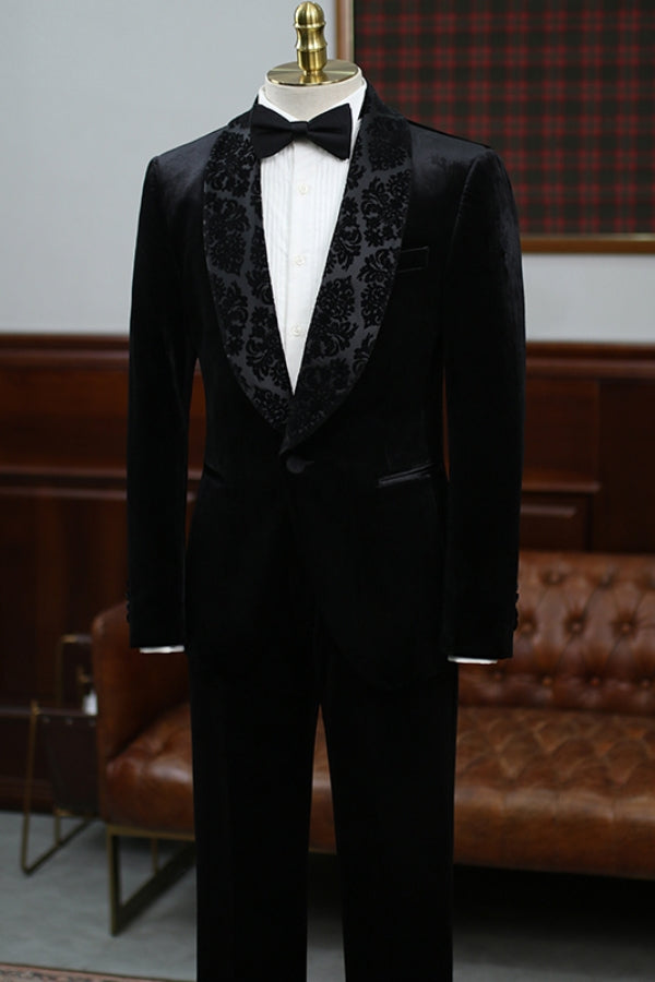 Black Velvet Bespoke Wedding Groom Suit with Jacquard Lapel