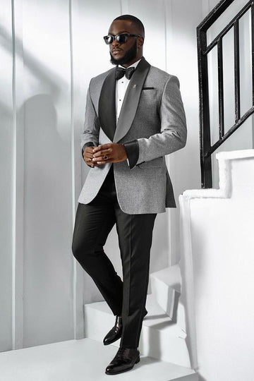 Elegant Silver Shawl Lapel Slim Fit Wedding Groom Suits