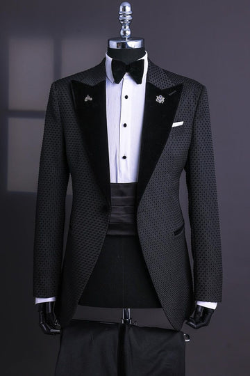 Textured Velvet Peaked Lapel Small Plaid Black Wedding Groom Suit