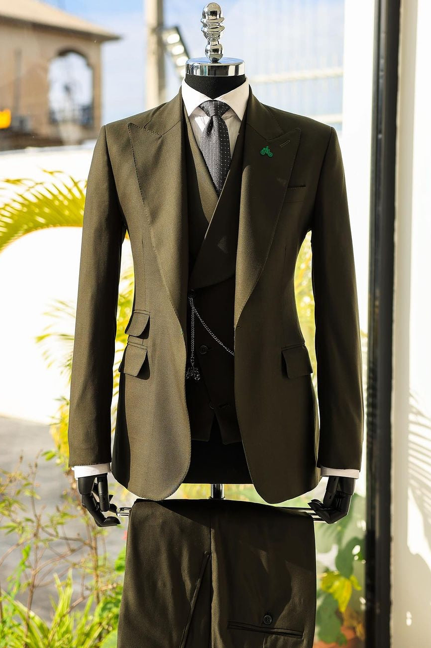 Vintage Oliver Green 3 Piece Wide Peaked Lapel Men's Formal Business Suit