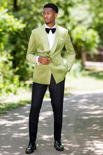 Green Velvet Double Breasted Prom Suit with Shawl Lapel