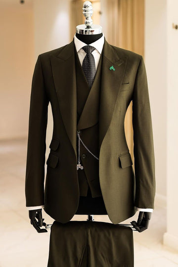 Vintage Oliver Green 3 Piece Wide Peaked Lapel Men's Formal Business Suit