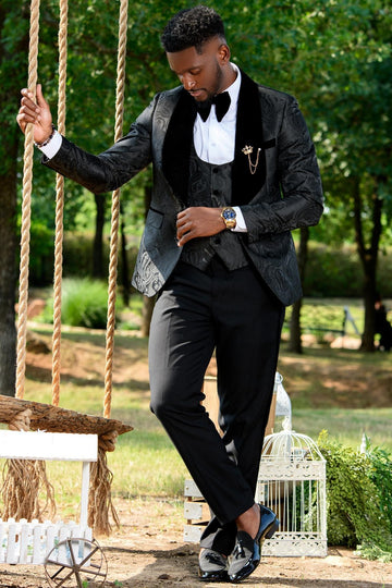Fashion Black Jacquard Shawl Lapel 3-Pieces Wedding Men Suits