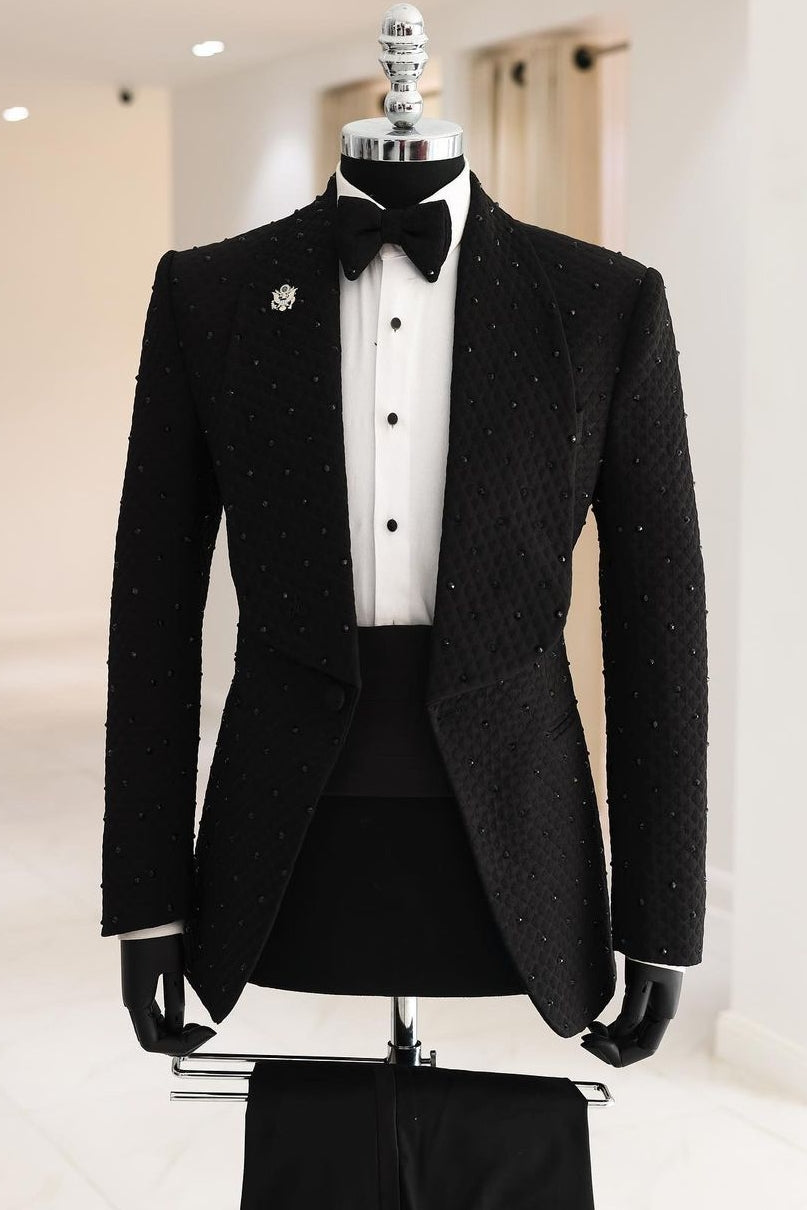 Exquisite Black Rhombus Plaid Men's Wedding Prom Suit with Crystals