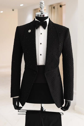 Exquisite Black Rhombus Plaid Men's Wedding Prom Suit with Crystals