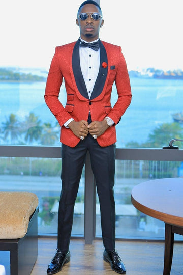 Stylish Red Shawl Lapel Jacquard Wedding Groom Suits with One Button