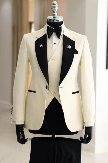 Tailor-made 3 Piece Ivory White Men's Wedding Suit with Black Lapel