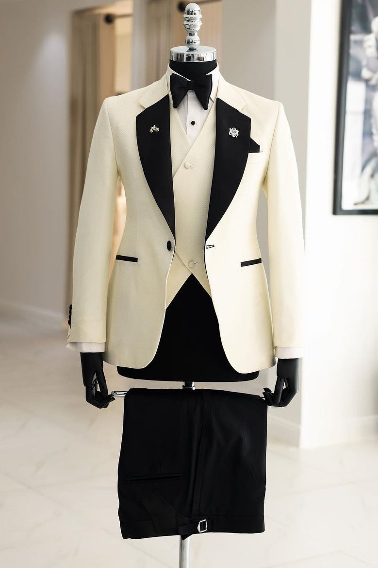 Tailor-made 3 Piece Ivory White Men's Wedding Suit with Black Lapel