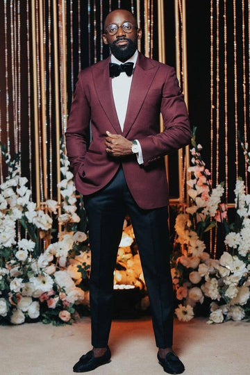 Modern Burgundy One Button Slim Fit Peak Lapel Prom Suit
