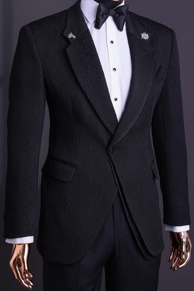 Slim Fit One Button Black Jacquard wedding Tuxedo Groom Suit