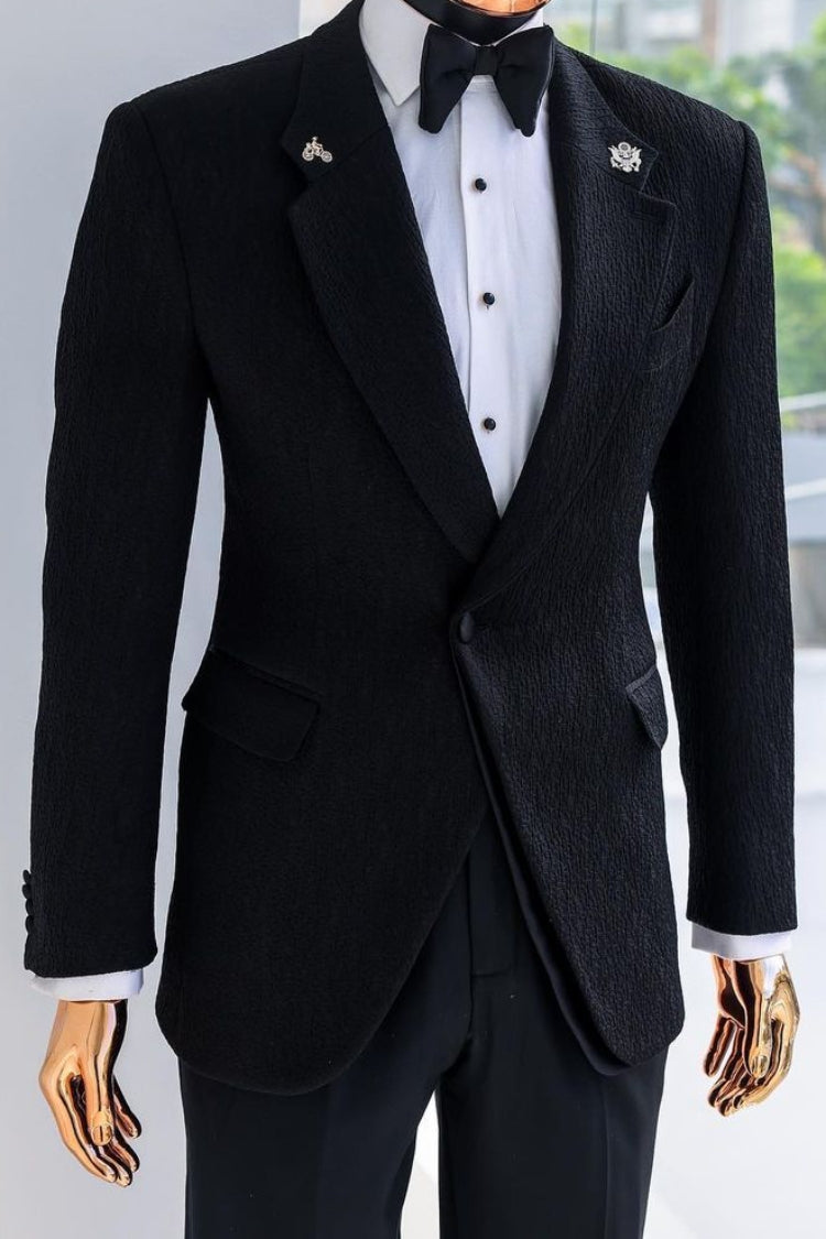 Slim Fit One Button Black Jacquard wedding Tuxedo Groom Suit