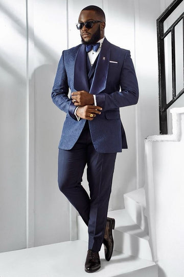 Navy Blue Jacquard Three Pieces Shawl Lapel Wedding Men Suit