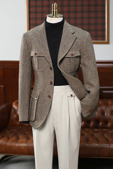 Camel Woolen Notched Lapel Men Suit with White Pant