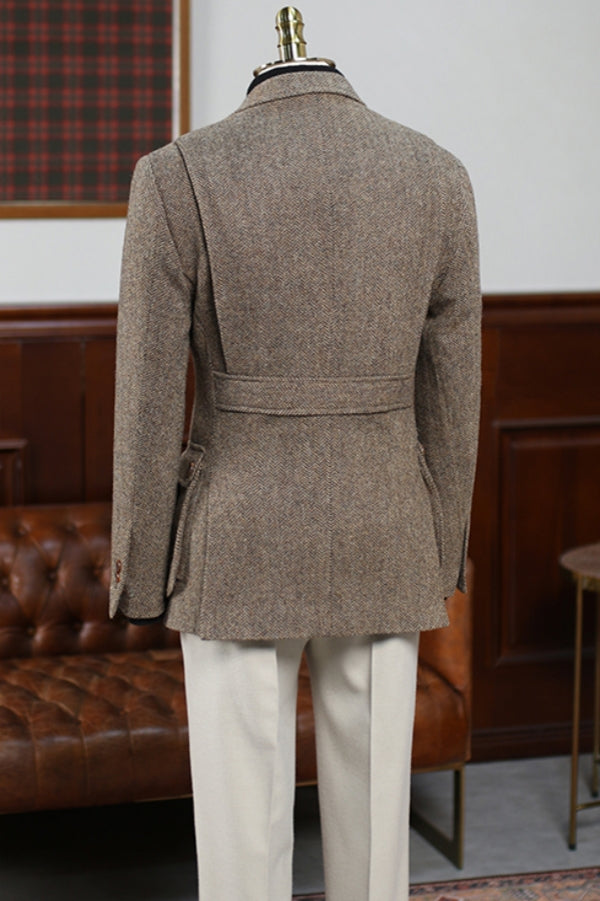 Camel Woolen Notched Lapel Men Suit with White Pant