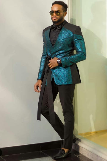 Special Design Blue Jacquard Prom Men Suits with Belt