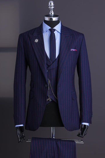 Formal Navy Blue 3 Piece Business Suit for Men with Red Pinstripe