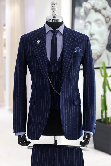 Customized Navy Blue Shiny Pinstripe 3 Piece Men's Business Suit