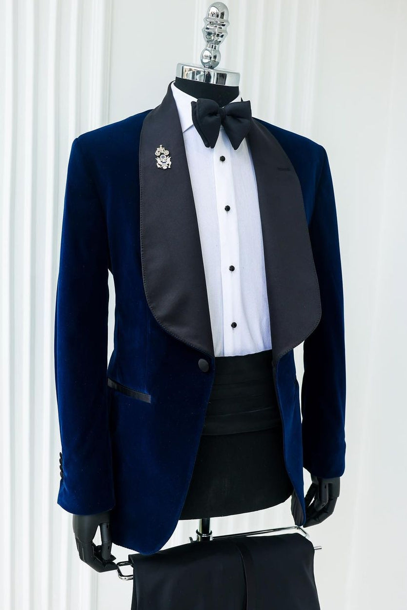 Popular Dark Blue Velvet 2 Piece Men's Wedding Suit with Wide Satin Lapel