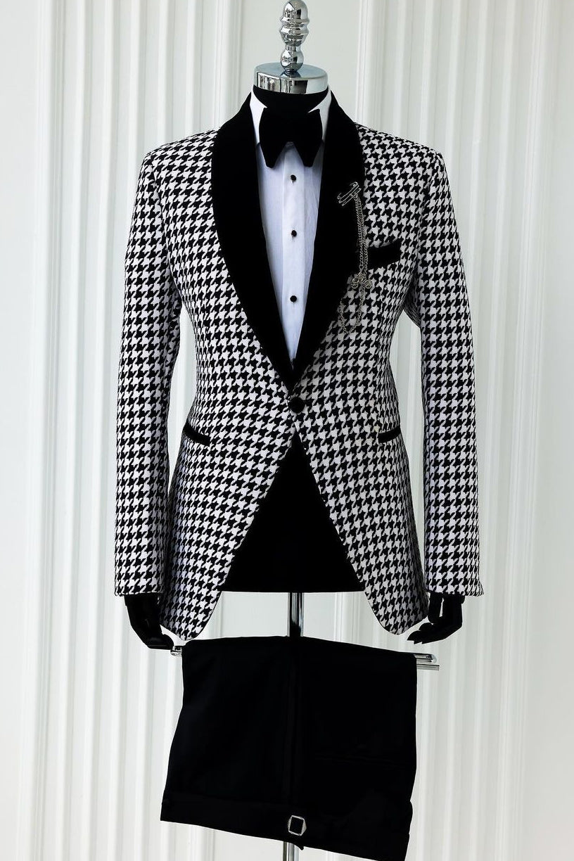 Vintage Shawl Lapel One Button Houndstooth Black Men's Formal Suit
