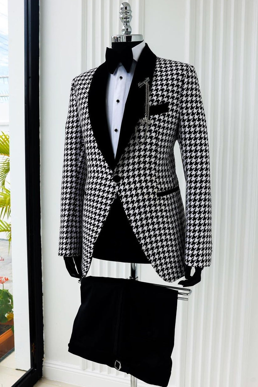Vintage Shawl Lapel One Button Houndstooth Black Men's Formal Suit