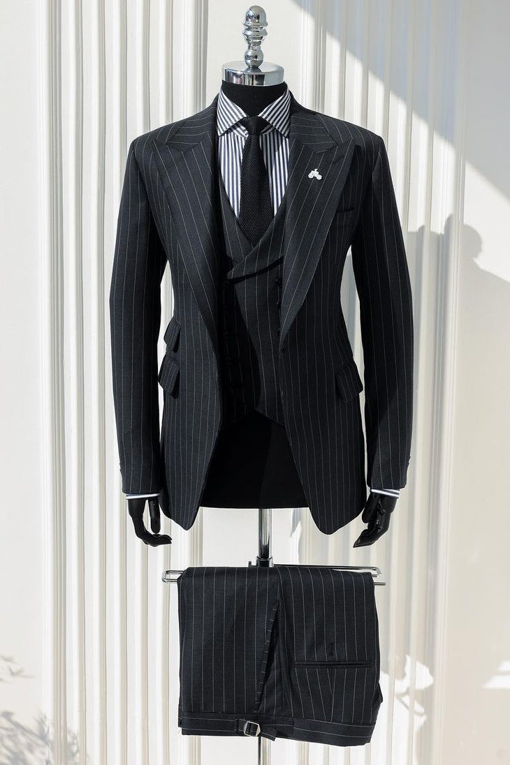 Formal 3 Piece Dark Gray Pinstripe Men's Business Suit with Waistcoat