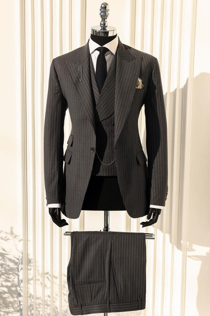Well-Fitted 3 Piece Coffee Brown Pinstripe Men's Business Suit with Waistcoat