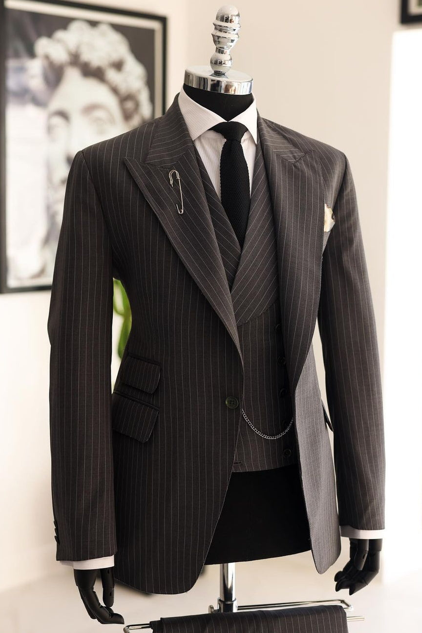 Well-Fitted 3 Piece Coffee Brown Pinstripe Men's Business Suit with Waistcoat
