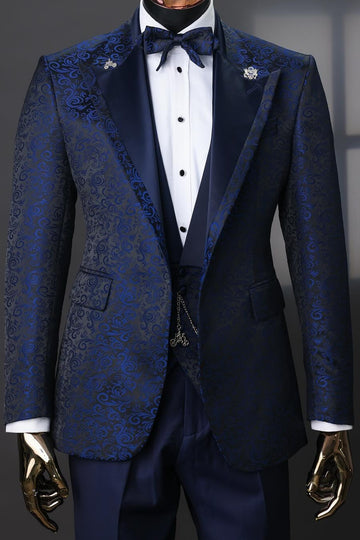 Navy Blue Jacquard 3 Piece Wedding Tuxedo Popular Designed Prom Suit
