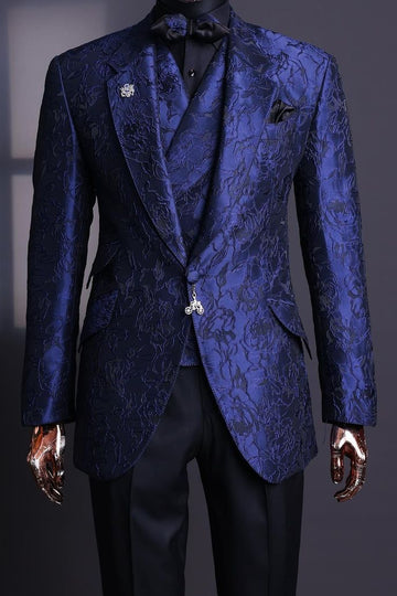 Structured Royal Blue Jacquard 3 Piece Men's Prom Suit Wedding Tuxedo