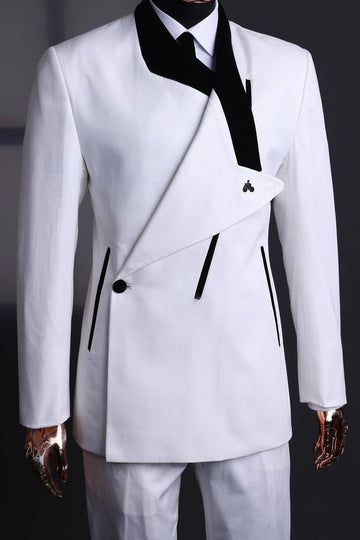 Avant-garde One-Side Lapel Black Edge Banding White Formal Prom Suit