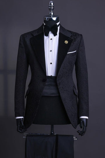 Classic Velvet Notched Lapel Black Jacquard Wedding Suit for Groom