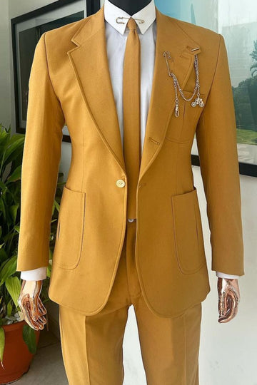 Tailored 2 Piece Orange Notched Lapel Patch Pockets Formal Business Suit