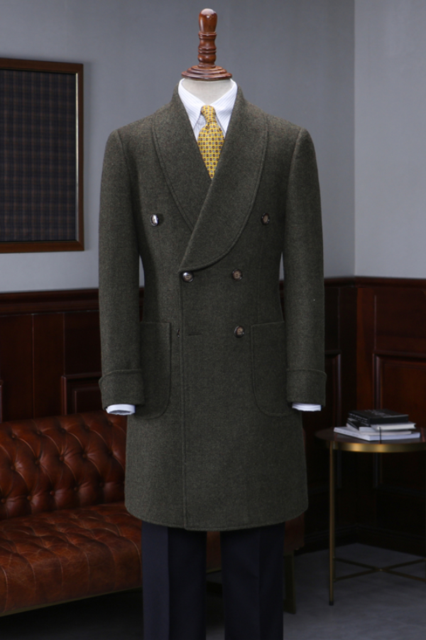 Gray Shawl Lapel Double-Breasted Mid-Length Coat