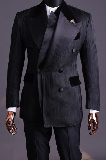 Well-fitted Double Breasted Two-layer Wide Lapel Black Business Suit