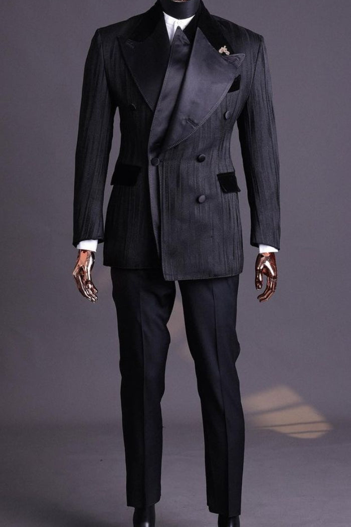 Well-fitted Double Breasted Two-layer Wide Lapel Black Business Suit