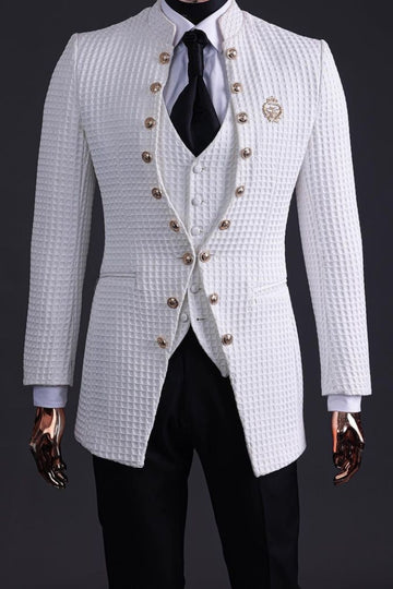 Exquisitely Tailored 3 Piece Waffle Plaid White Business Suit with Buttons