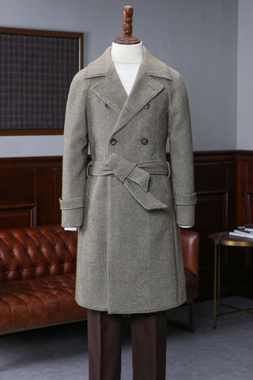 Vintage Green Coffee Double-breasted Belted Wool Herringbone Coat