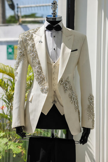 Luxurious Silver Crystals 3 Piece Cream White Wedding Tuxedo Groom Suits