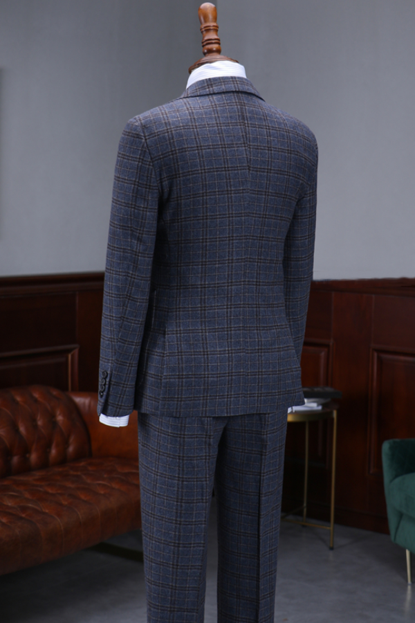 Light Luxury Retro British Blue Plaid Slim Fit Men's Business Suit
