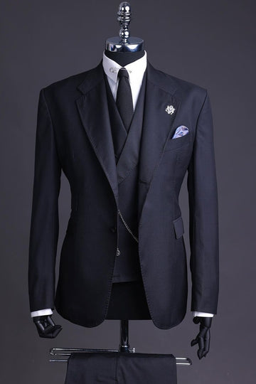 Composed Black Formal Business Suit for Men 3 Piece with Waistcoat