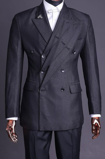 Sharp Double Breasted Three-Layer Lapels Black Men's Business Suit for Formal